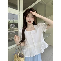 2024 new summer style sweet and gentle square collar design small puff sleeve single-breasted shirt for women