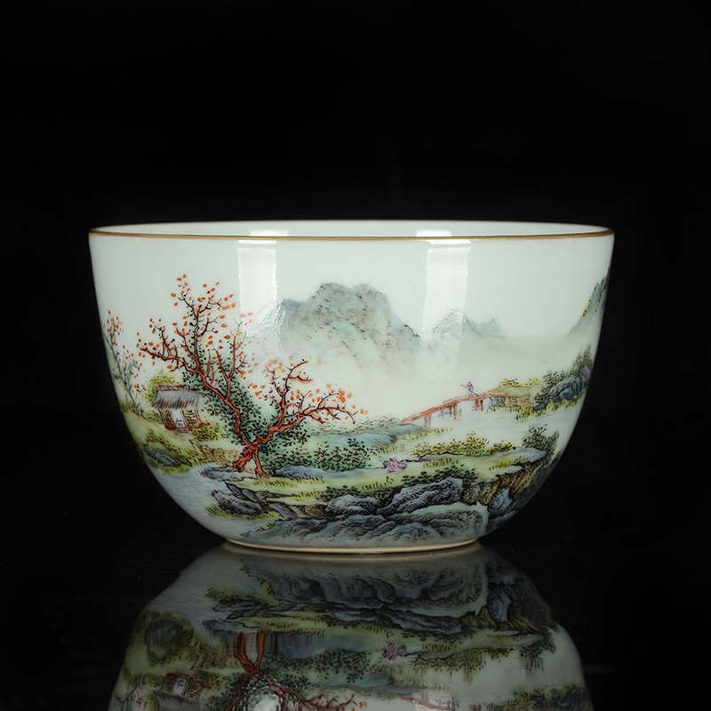 "Jiangnan Water Country" Collection-Grade Fully Hand-Painted Ceramic Tea Ware, Pink and White Landscape Master Cup
