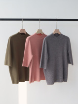Early spring simple and elegant half turtleneck five-quarter sleeve knitted short-sleeved commuter fashionable pullover top for women solid color bottoming shirt