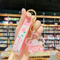 Oiled Sakura Cute Rabbit Key Chain Quicksand Acrylic School Bag Keychain Pendant Creative Car Pendant Keychain