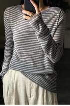 22 spring and summer new Korean version of ins versatile loose striped round neck bottoming shirt cotton long-sleeved loose T-shirt for women