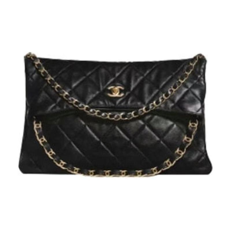 9.9新CHANEL香奈儿 24P春夏 HOBO 金扣Logo菱格黑金皮穿链双链条