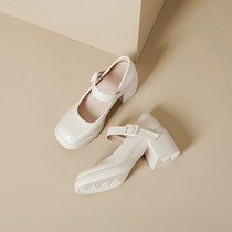 High-heeled Mary Jane shoes cream Lolita thick heel round toe soft sole square buckle matching for little girls
