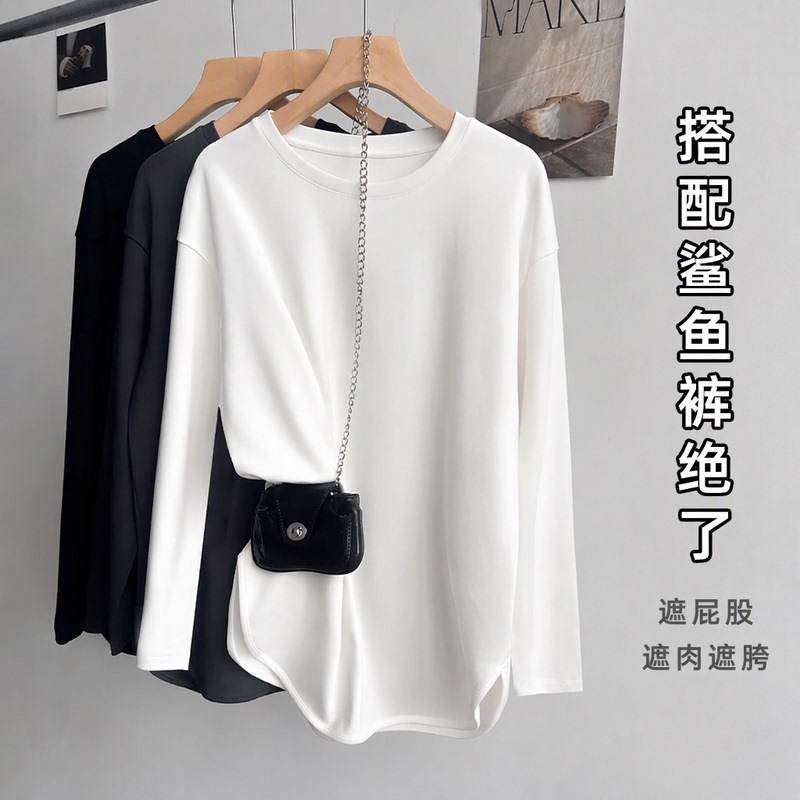 White Round-Neck Long-Sleeve T-Shirt, Loose Mid-Length Base Layer for Women, Covers the Hips, Paired with Shark Pants, High-Stretch Top White Round-Neck Long-Sleeve T-Shirt, Loose Mid-Length Base Layer for Women, Covers the Hips, Paired with Shark Pants, High-Stretch Top