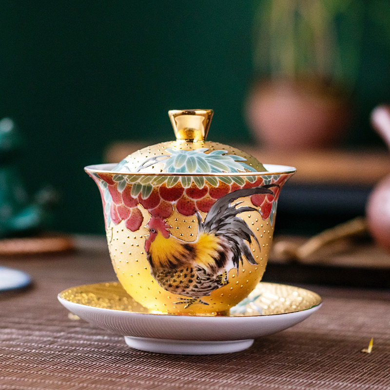 Real Gold Sancai Cover Bowl Chicken Crock Cup Gilt Master Xiao Jianhui Hand-painted Kung Fu Tea Cup Master Cup Household Gifts