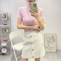 Ms 2024 new summer womens clothing sweet pink age-reducing slimming half-high collar knitted short-sleeved top T for women