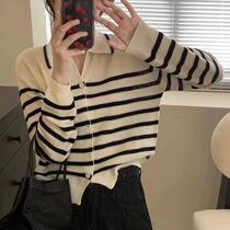 Lapel striped knitted cardigan for women 2023 autumn new Korean design niche polo shirt sweater jacket trendy