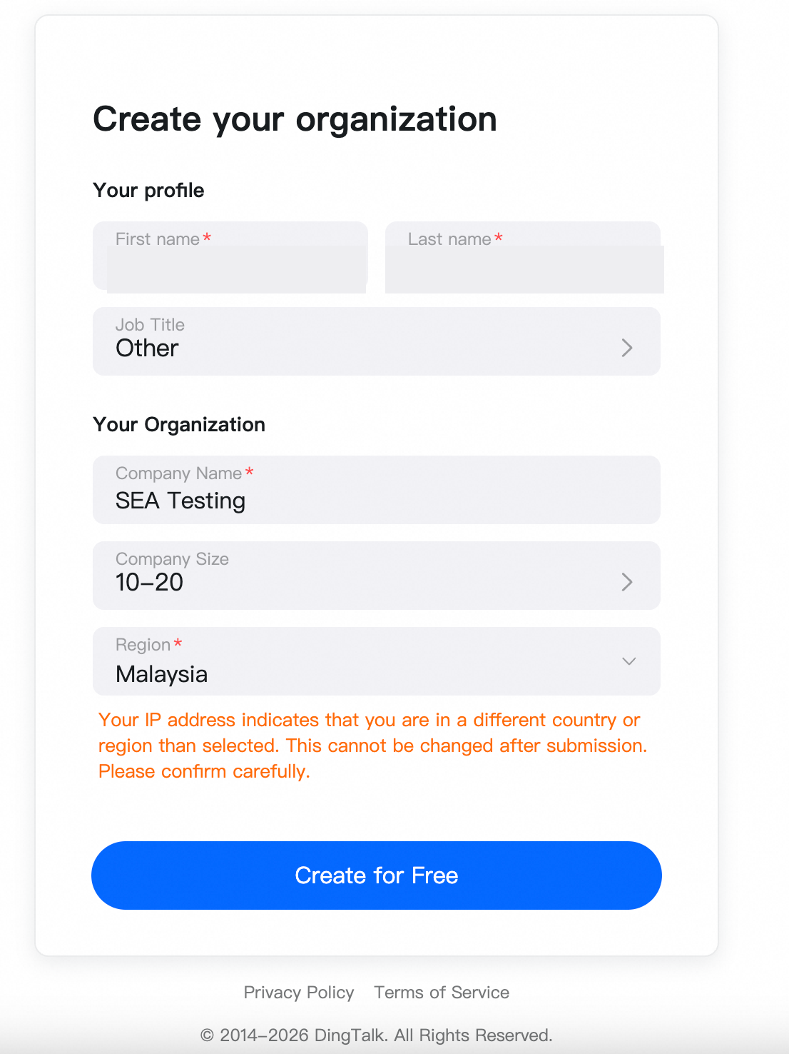 Confirm and create the organization