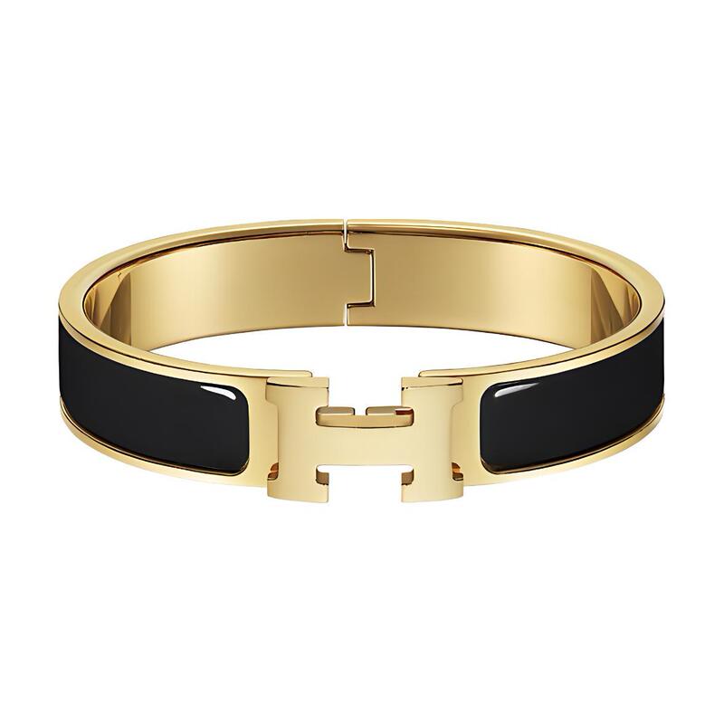 Hermes Hermes Openable Enamel Bracelet for Women, Gold/Black