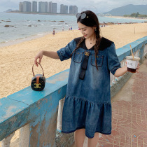 Real shot of blue denim dress for women in summer 2023 new age-reducing stitching doll collar slimming Hong Kong style A-line skirt
