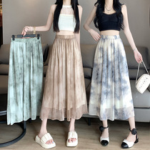 National style tie-dye ink silk wrinkle print skirt for women 2023 summer elastic waist fashion high waist a-line skirt umbrella skirt