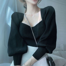 Korean chic autumn elegant temperament square collar exposed collarbone pit strip slim slim lantern sleeve sweater for women