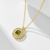 s925 sterling silver square zircon pendant necklace for women European and American ins temperament fashion peridot clavicle chain high-end