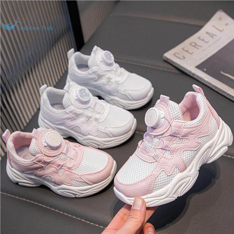 Girls' White Sneakers Mesh Sports Shoes Spring 2024 New Model Rotating Buckle Children's School Performance White Shoes