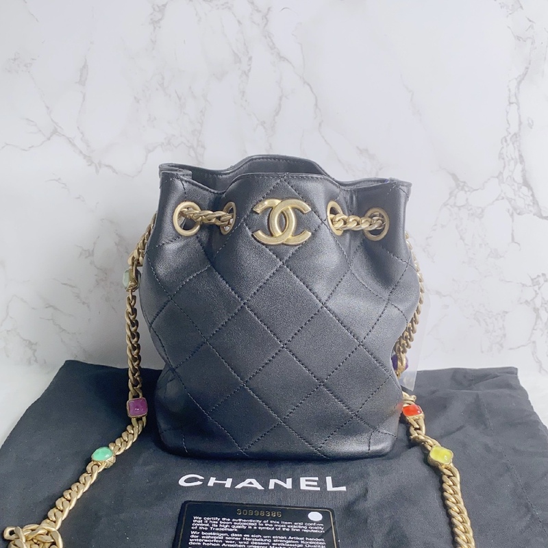 Chanel Black and Gold Gemstone Bucket Bag, Single Shoulder Crossbody Chain Bag, Size 30, with Card and Dust Bag, 15*19