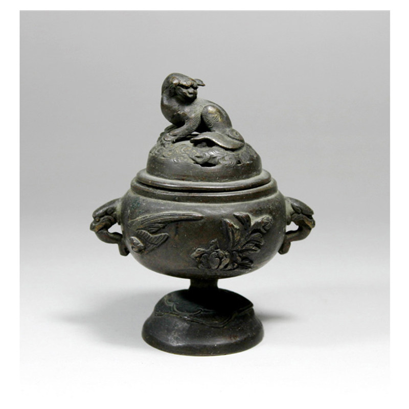 Fun Collection] Meiji early red copper Lion button Chisel Cockatoo Bird Tangling and Bronze Incense Burner