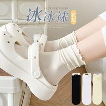 Lace ice socks womens summer thin velvet white fungus edge ice silk small leather shoes pile socks mid-tube