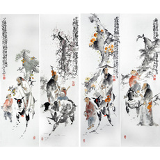 Картина 李雪《人物四条屏》精品人物 3791 客厅装饰 送礼收藏