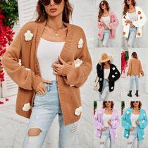2023 new winter clothing European and American plus size womens clothing Amazon cross-border flower cardigan lantern sleeve sweater jacket for women