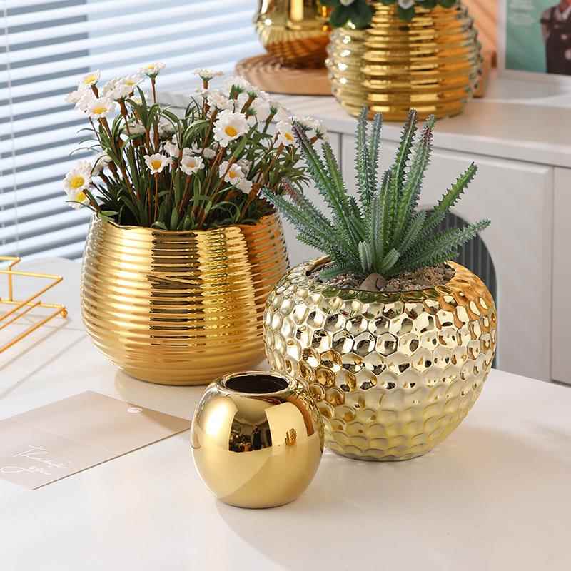 Office Gold-Colored Ceramic Flower Pot, Butterfly Gold Flower Pot, Orchid-Grade Flower Pot, Electroplated High-Sensitivity Potted Green Plant