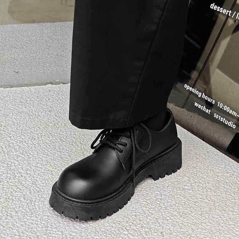 Men's Large Leather Shoes for Autumn and Winter, Casual Retro Thick-Soled Height-Increasing Derby Shoes, Formal British Style, Large Size Martin Work Boots