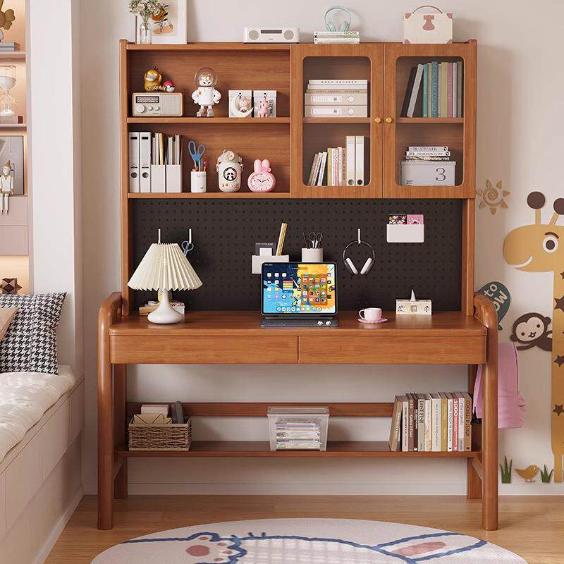 Solid wood children's study table desk bookshelf integrated student desk home simple writing desk hole board computer desk