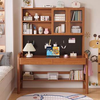 Solid wood children's study table desk bookshelf integrated student desk home simple writing desk hole board computer desk