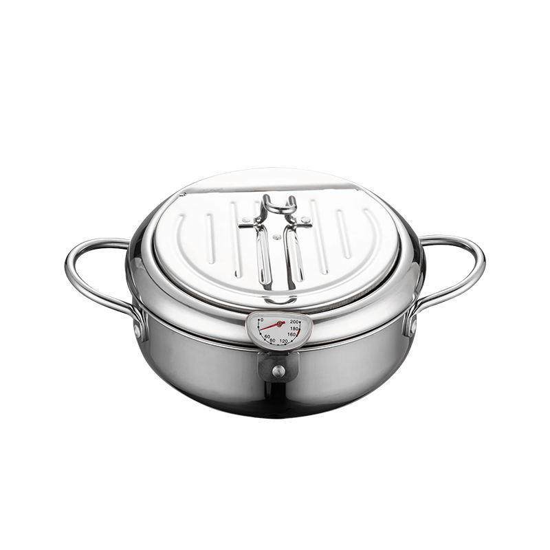 Stainless Steel Tempura Frying Pot with Lid and Thermometer for Home Use, Thickened for Frying and Draining Oil While Frying