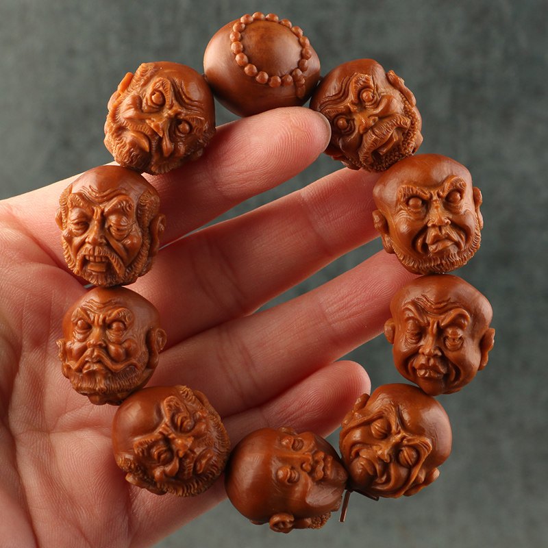 2 0x2 1cm (18 arhats on both sides) Tang Shaojun's Olive Core Carving Three Flowers Iron Core Men's Hand String