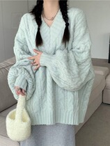 Thick needle V-neck lazy style twist pullover sweater new autumn and winter loose and thick cross-border foreign trade large size women