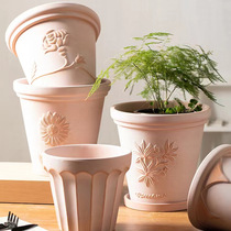 () Red pottery relief Roman flower pot pottery pot retro aged matte white large diameter pottery pot with tray