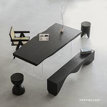 Wabi-sabi style carbonized black solid wood dining table log large plate acrylic workbench home simple tea table
