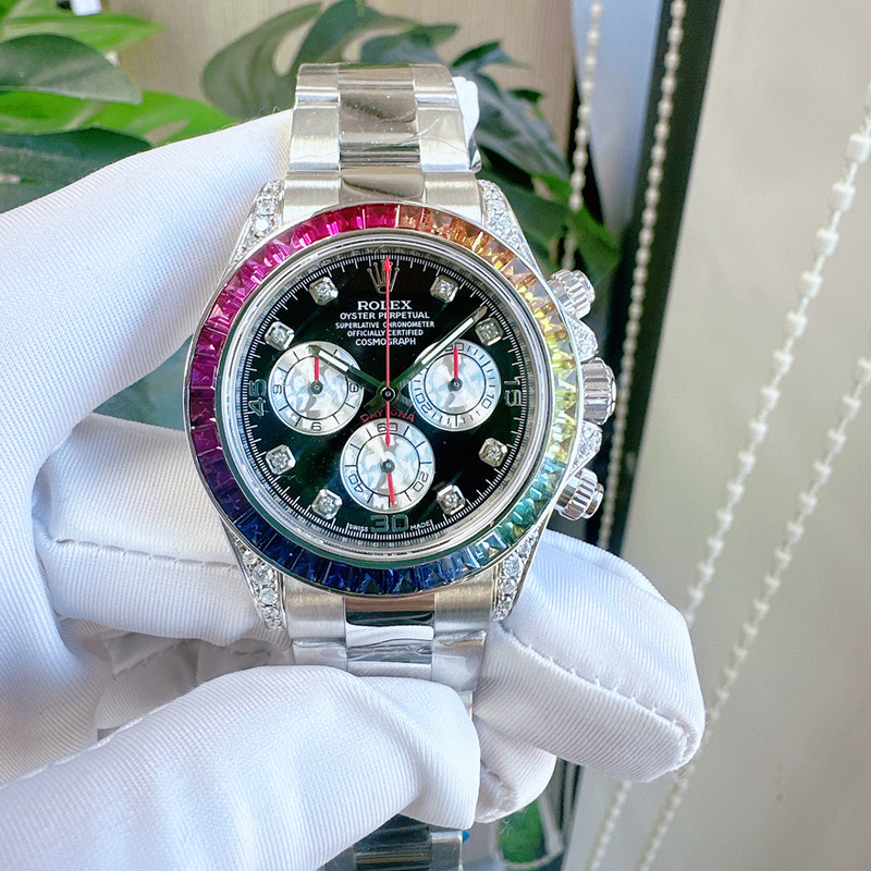 Direct Purchase Price: Rainbow Daytona 98% New Rolex 18K White Gold Daytona Men's Watch with Later-Added Colored Bezel and Diamond Dial