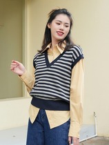 Spot striped knitted vest womens temperament casual outer wear V-neck vest layered pullover vest top for women