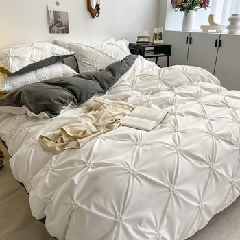 Korean version of macchiato all-cotton pure cotton four-piece set wash cotton princess style twist flower simple solid color bed sheets ins3