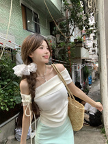 Actual shot~French style lapel pleated short slim fit collarbone one-shoulder sweater top for women 63147