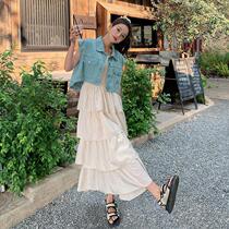 Two pieces of cowboy nail suit 2024 new French gentle and sweet college wind white cake skirt