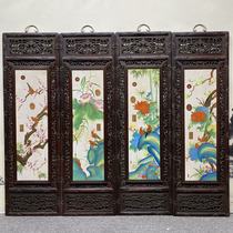 WE29309 mahogany inlaid porcelain panels with enamel filigree pastel flowers and birds in spring summer autumn and winter four hanging screens