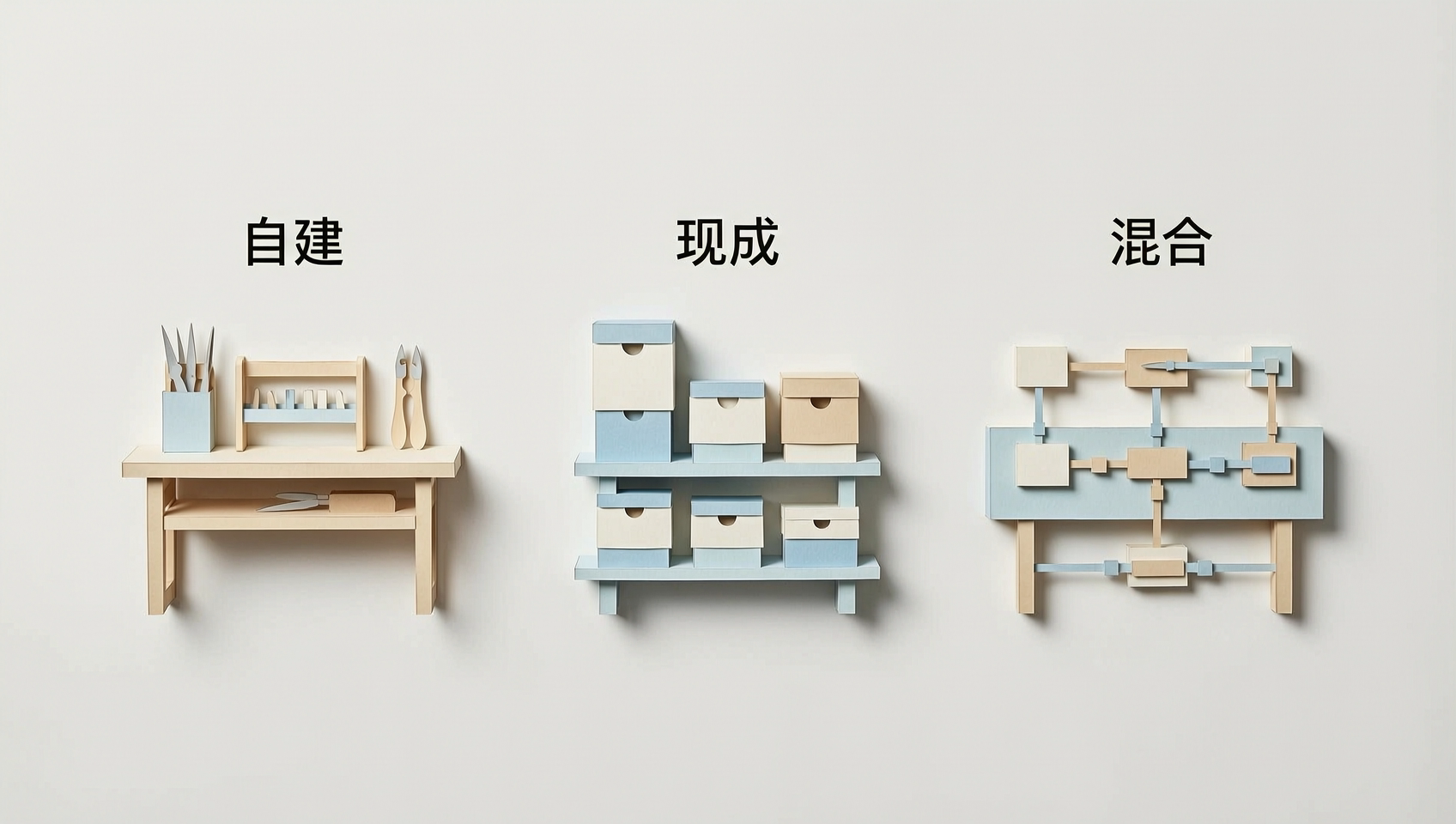 自建、现成服务和混合模式的工作分工概念示意