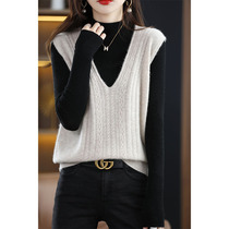 V-neck 100 wool knitted vest womens outer wear spring and autumn short loose sleeveless waistcoat top bottoming shirt