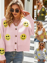 Cross-border Amazon hot-selling European and American clothing smiling face knitted sweater cardigan long-sleeved loose knitted sweater jacket