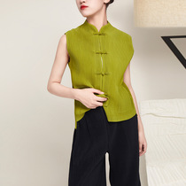 Miyake Retro Vest Knitted Womens Chinese Stand Collar Autumn Jacket 2022 New Sleeveless Pleated Top Thick Style