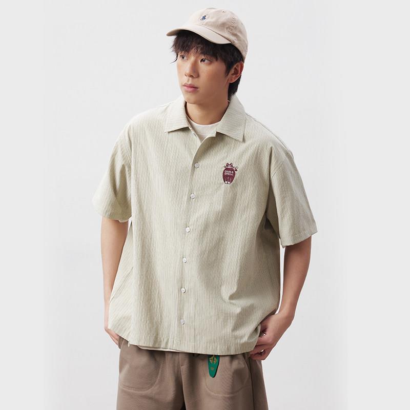 Uhuzz 25Ss Bowling Cat Embroidered Striped Short-Sleeved Shirt Loose Shirt Retro Casual Jacket for Men and Women