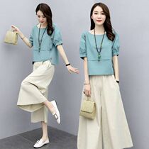 Cotton and linen wide-leg pants suit for women 2022 summer new style ethnic style and slim linen casual two-piece set in stock