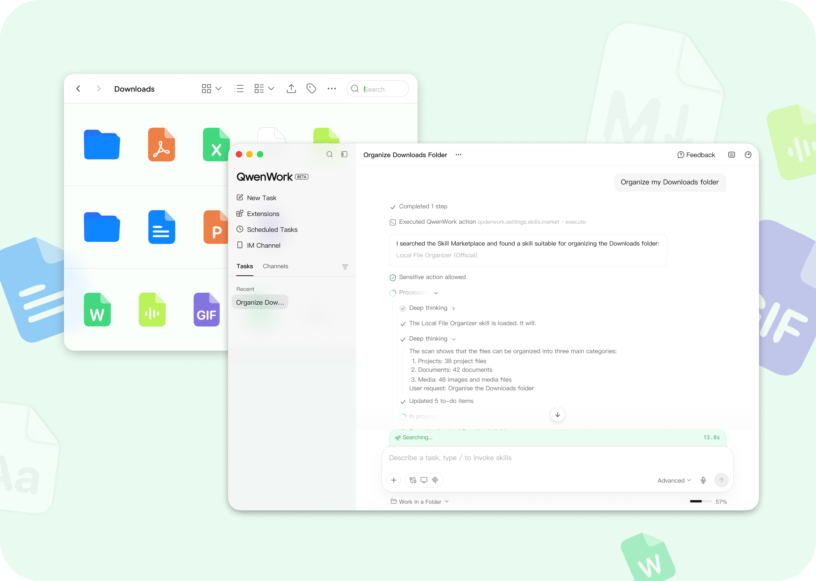 QwenWork desktop app organising a Downloads folder
