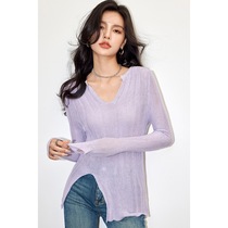 Actual shot of 2024 spring new solid color V-neck French sweet and spicy shirts fashionable and versatile knitted sweaters hot and spicy American tops
