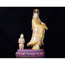YPT20090 old collection Shoushan stone gold painted boy worshiping Guanyin ornaments