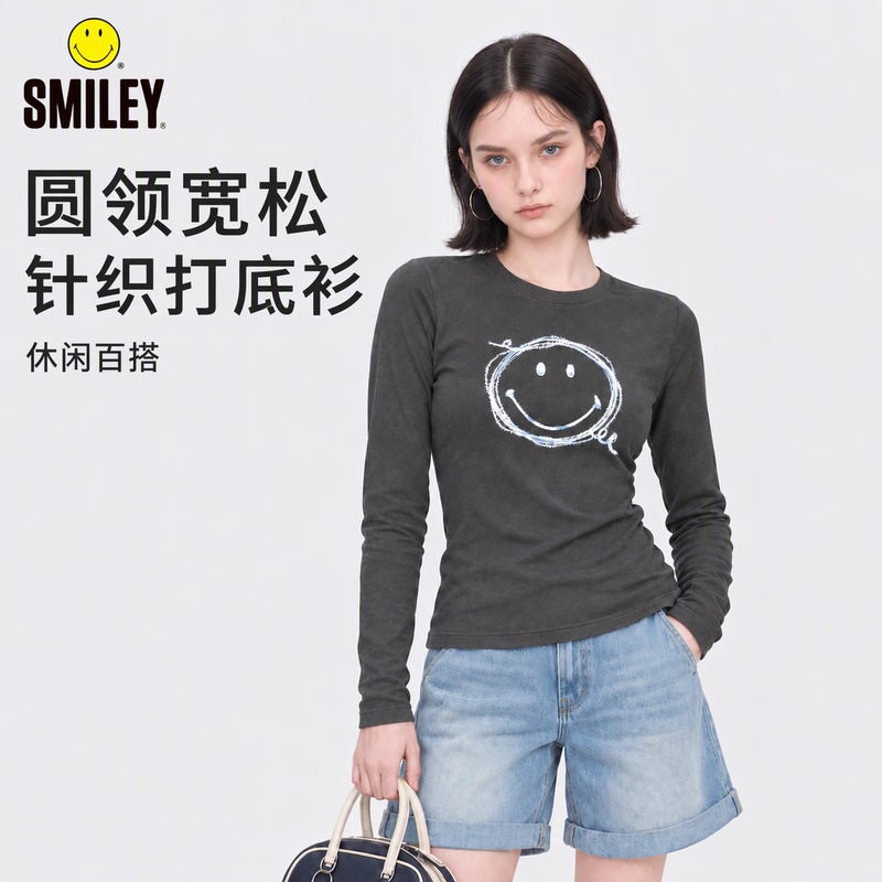 Smiley Smiley Face Knit Sweater, Round Neck, Loose Fit, Autumn and Winter Women's Long-Sleeve Base Shirt, T-Shirt, Casual Versatile Top Smiley Smiley Face Knit Sweater, Round Neck, Loose Fit, Autumn and Winter Women's Long-Sleeve Base Shirt, T-Shirt, Casual Versatile Top