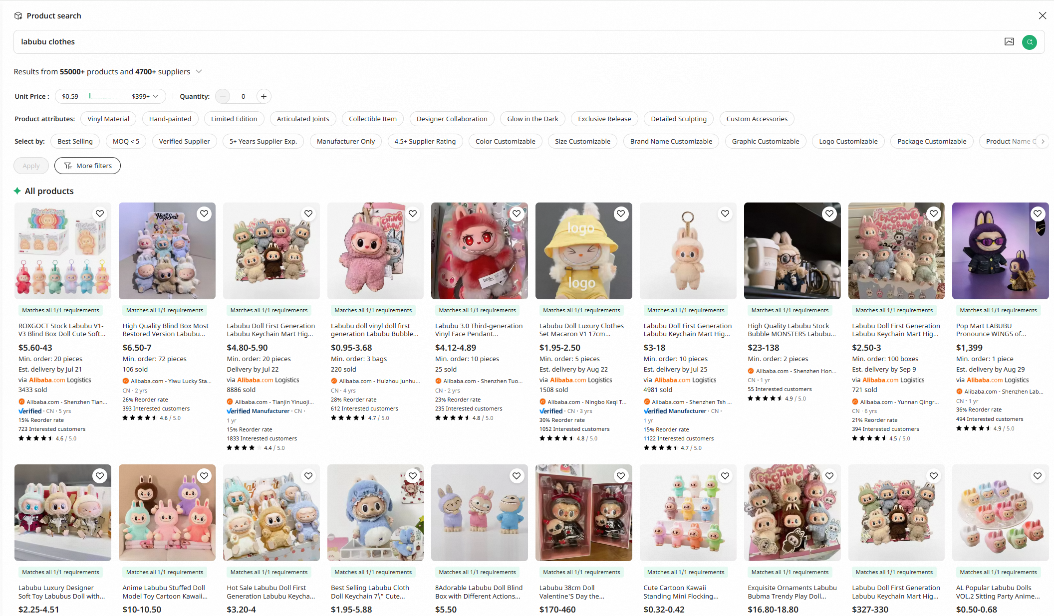 Accio's product list of Labubu clothes and accessories