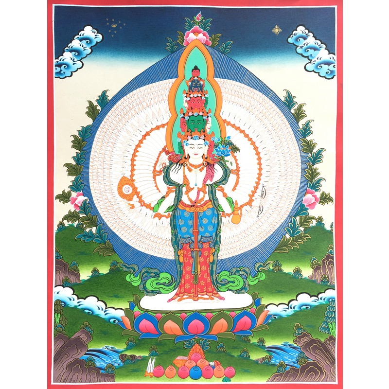 Pure hand painted Tang card Thousand hands one thousand Eye Guanyin High 51cm Good epiphany Nepalese Donka Art Painter TS37